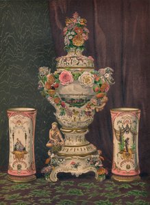 Vaso de porcelana de Dresden e par de taças de porcelana, 1863.