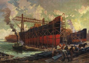 Construção naval na baía de Ashbridges, Toronto, 1918