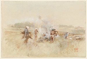 A trabalhar, amontoando mato sobre fogos fumegantes de Robert Frederick Blum