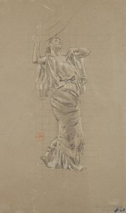 Estudo da figura feminina de Moods to Music mural (giz preto e branco sobre papel) de Robert Frederick Blum