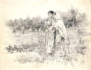 Duas raparigas de pé diante de uma sepultura de Robert Frederick Blum