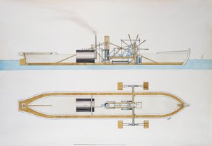 Barco a vapor desenhado por Robert Fulton, aguarela, Estados Unidos