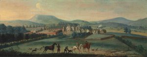 Vista para o arruinado Westby Hall, Yorkshire, com uma festa de caça em primeiro plano