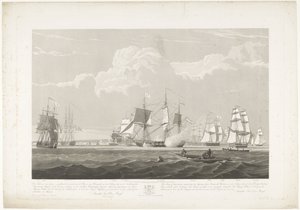 Partida de doze navios mercantes holandeses do porto de Portsmouth, 1833 (ilustração 3) Este conjunto de três placas representando a partida do porto de Portsmouth em 2 de junho de 1833 de 12 navios Nederlandsche Koopvaardy de embargo descarregados de Robert Havell (II)