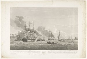 Partida de doze navios mercantes holandeses do porto de Portsmouth, 1833 (slide 2)
Este conjunto de três placas representando a saída do porto de Portsmouth em 2.d Juny 1833 de 12 Navios mercantes holandeses fora de Embargo ontsl de Robert Havell (II)