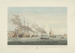 Partida de doze navios mercantes holandeses do porto de Portsmouth, 1833 (ilustração 2) Este conjunto de três placas representando a partida do porto de Portsmouth em 2 de junho de 1833 de 12 navios Nederlandsche Koopvaardy de embargo descarregados de Robert Havell (II)