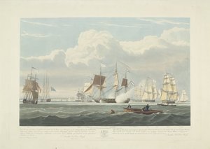 Partida de doze navios mercantes holandeses do porto de Portsmouth, 1833 (ilustração 3) Este conjunto de três placas representando a partida do porto de Portsmouth em 2 de junho de 1833 de 12 navios Nederlandsche Koopvaardy de embargo descarregados de Robert Havell (II)