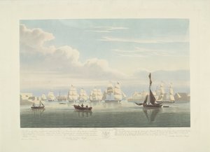 Partida de doze navios mercantes holandeses do porto de Portsmouth, 1833 (ilustração 1) Este conjunto de três placas representando a partida do porto de Portsmouth em 2 de junho de 1833 de 12 navios Nederlandsche Koopvaardy de embargo descarregados de Robert Havell (II)