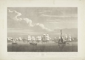Partida de doze navios mercantes holandeses do porto de Portsmouth, 1833 (slide 1)
Este conjunto de três placas representando a saída do porto de Portsmouth em 2.d Juny 1833 de 12 Navios mercantes holandeses fora de Embargo ontsl de Robert Havell (II)
