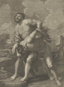 Hércules vestindo uma pele de leão e lutando contra Aqueloo, uma paisagem ao fundo, ..., ca. 1713-72. de Robert Hecquet