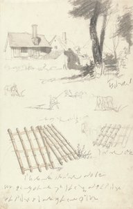 Estudos de Casas de Campo por um Portão, Arado e Gradeiros de Robert Hills