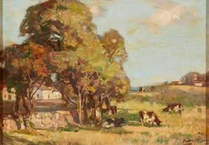 Gado Pastando em Paisagem Pastoral (óleo a bordo)