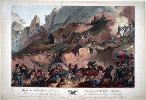 Em 1799, as tropas de Napoleão lutaram na Ponte do Diabo contra os russos comandados pelo General Suvarov - Exército Russo Cruzando a Ponte do Diabo em 1799 - Porter, Robert Carr (1777-1842) - 1804 - Aquatint - 63x91,3 - Coleção Privada