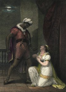 Othello e Desdemona em Veneza. Ilustração para "Othello" de William Shakespeare.Act 4 cena 2.gravura em inglês de 1801 de R.K Porter.