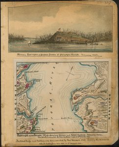 Bloqueio do Potomac. Mapa das baterias da União e dos rebeldes em janeiro de 1862. Os rebeldes evacuaram todas as suas baterias na noite de 4 de março de 1862. LOC gvhs01.vhs00066