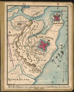 Linha de terraplenagem do General Q. A. Gillmore em frente ao Forte Wagner, Ilha Morris, S.C., julho de 1863 LOC gvhs01.vhs00152
