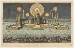 A View of ye Grand Theatre & Fireworks erguido em ye Water perto de ye Court em ye Hague em O..., 1794.