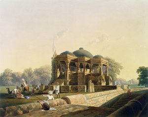 Templo Antigo em Hulwud, do Volume I de &39;Cenário, Figurinos e Arquitetura da Índia&39;, pintado por F. Witherington, gravado por G. Hunt e colorido por JB Hogarth, pub. por Ackermann, 1826 (aquatin
