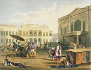 Cena em Bombaim, do Volume I de &39;Cenário, Figurinos e Arquitetura da Índia&39;, gravada por RG Reeve (fl.1811-37) e colorida por JB Hogarth, pub. por Ackermann, 1826 (aquatint)