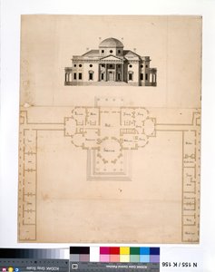 Monticello: 2ª versão (planta e alçado oeste) de Robert Mills
