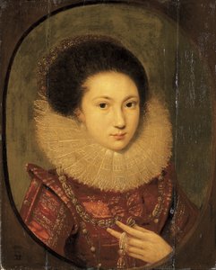 Retrato de uma menina, comprimento do busto, em um vestido bordado escarlate e gola de renda de Robert Peake