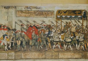 Cavalgada para a coroação do imperador Carlos V em Bolonha ... (xilogravura a cores sobre pergaminho) de Robert Peril