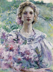Mulher com flores. Pintura de Robert Reid (1862-1929). Óleo sobre tela. Coleção particular.