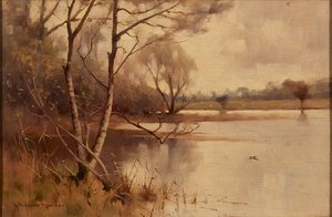 Bétula de prata à beira do lago (óleo sobre tela)