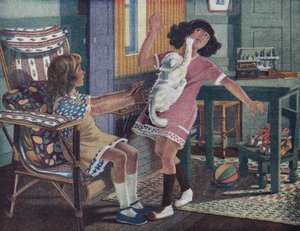 A gatinha da Annette: uma gatinha branca garra o rosto de uma menina brincando com sua amiga. Ilustração de Robert Salles (1871-1929) em "Je sais Lire". de Robert Salles