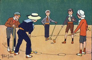 Bola por hora (jogo de habilidade com bolas e maços). Gravação em "O que estamos a jogar? "por E. Weber com desenhos a aguarela de Robert Salles (1871-1929). Librairie Garnier Freres, Paris