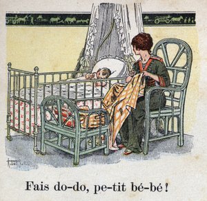 O livro infantil "I will read - Methodic and fun alfabeto by a dad" 1926. Ilustração de Robert Salles (1871-1929). "Dorme, bebé bebé! “. Uma mãe costura no quarto do seu filho à espera que o seu bebé durma.