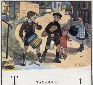 O livro infantil "I will read - Methodic and fun alfabeto by a dad" 1926. Ilustração de Robert Salles (1871-1929). Abecedário: letra T como Tambor.