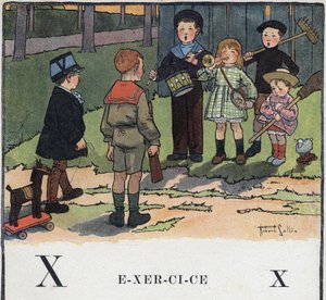 O livro infantil "I will read - Methodic and fun alfabeto by a dad" 1926. Ilustração de Robert Salles (1871-1929). Abecedário: letra X como Exercício. As crianças brincam de militar.