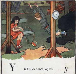 O livro infantil "I will read - Methodic and fun alfabeto by a dad" 1926. Ilustração de Robert Salles (1871-1929). Abecedário: letra Y como Ginástica. Um menino trapézio enquanto uma menina toca uma boneca. de Robert Salles