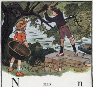 O livro infantil "I will read - Methodic and fun alfabeto by a dad" 1926. Ilustração de Robert Salles (1871-1929). Abecedário: letra N como Ninho. Um menino toma um ninho construído sobre uma árvore.