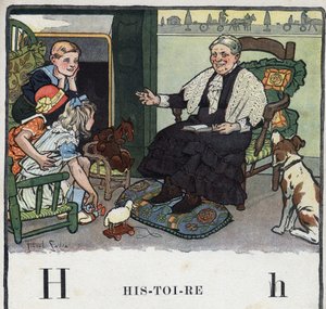O livro infantil "I will read - Methodic and fun alfabeto by a dad" 1926. Ilustração de Robert Salles (1871-1929). Abecedaire: letra H como História. Uma avó conta aos seus netos histórias perto da lareira.