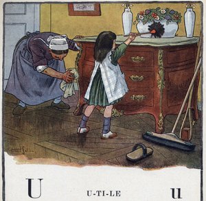 O livro infantil "I will read - Methodic and fun alfabeto by a dad" 1926. Ilustração de Robert Salles (1871-1929). Abecedário: letra U como Útil. Uma menina ajuda na limpeza e no pó.