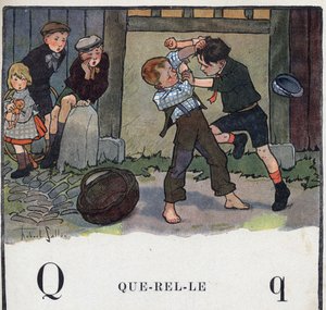 O livro infantil "I will read - Methodic and fun alfabeto by a dad" 1926. Ilustração de Robert Salles (1871-1929). Abecedaire: letra Q como Querelle. Dois meninos brigam no pátio.