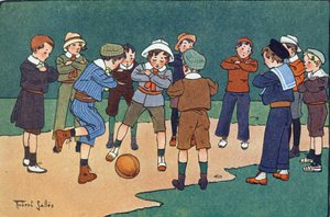 Bola alemã (jogo jogado com braços cruzados). Gravação em "O que estamos a jogar? "por E. Weber com desenhos a aguarela de Robert Salles (1871-1929). Librairie Garnier Freres, Paris