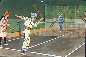 Ténis de relva. Gravação em "O que estamos a jogar? "por E. Weber com desenhos a aguarela de Robert Salles (1871-1929). Librairie Garnier Freres, Paris de Robert Salles