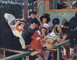 Puppet Show: As crianças no teatro de guignol são perturbadas por um bebé a chorar. Ilustração de Robert Salles (1871-1929) em "Je sais Lire".