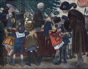 A árvore de Natal da Lorena Alsácia: crianças da Alsácia e da Lorena (Alsácia-Lorena) vêm buscar seus presentes em torno da árvore de Natal oferecida à cidade. Ilustração de Robert Salles (1871-1929) em "Je sais Lire".