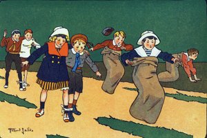 A corrida de sacos. Gravação em "O que estamos a jogar? "por E. Weber com desenhos a aguarela de Robert Salles (1871-1929). Librairie Garnier Freres, Paris de Robert Salles