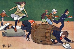 A corrida de obstáculos. Gravação em "O que estamos a jogar? "por E. Weber com desenhos a aguarela de Robert Salles (1871-1929). Librairie Garnier Freres, Paris de Robert Salles