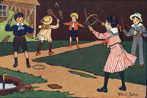 O volante e as graças. Gravação em "O que estamos a jogar? "por E. Weber com desenhos a aguarela de Robert Salles (1871-1929). Librairie Garnier Freres, Paris