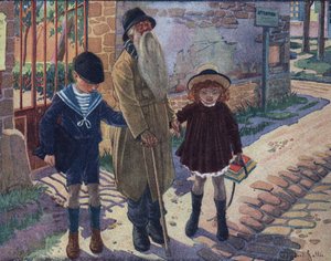 O pau dos cegos: duas crianças ajudam um velho cego a andar. Ilustração de Robert Salles (1871-1929) em "Je sais Lire".
