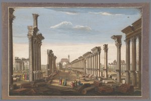 Vista das ruínas do arco da colunata em Palmyra, vista do lado oeste
Os restos do grande templo de Palmira visto do oeste (título sobre o objecto)