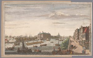 Gezicht op het Admiraliteitsmagazijn te Amsterdam Uma vista do Almirantado em Amsterdã, dos armazéns, cais e docas, pertencentes a ele, e à Companhia das Índias Orientais da Holanda (título no objeto)