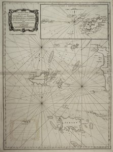 Carta geral das ilhas de Guernsey e Jersey, Sark, Herm, Jethou e Alderney, com o Cabo da Haia e os Caskets de Robert Sayer