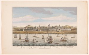 Gezicht op Fort Saint George te Madras
Forte St. George na Costa de Coromandel. Pertence à Companhia das Índias Orientais de Inglaterra (título sobre o objecto)
Nederzettingen van de VOC (título da série) de Robert Sayer